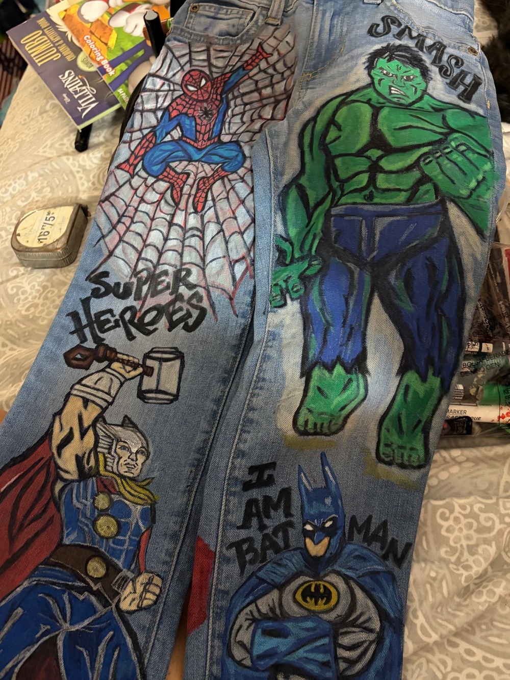 Custom Hand-Painted Green & Blue Men's Jeans - Superheroes Artwork